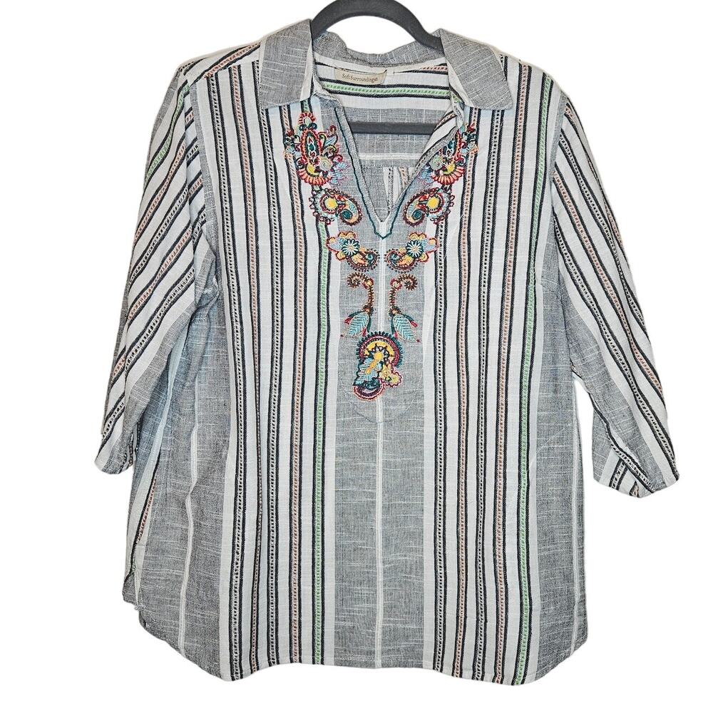 Soft surroundings Brookhaven Aruba Blue Emboridered Striped Blouse sz Large